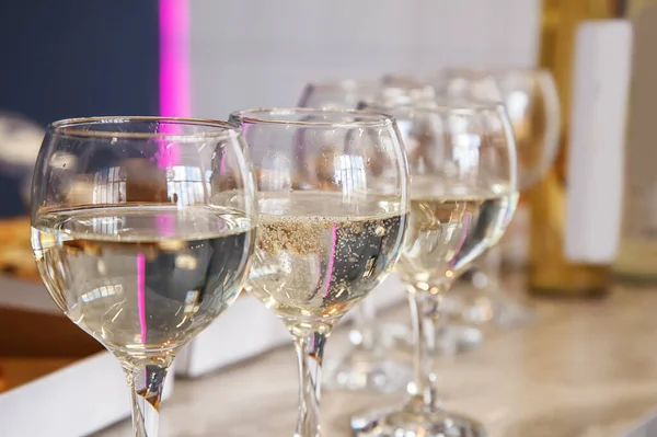 Three Glasses White Wine Staying Table Indoor Closeup — Stock Photo, Image