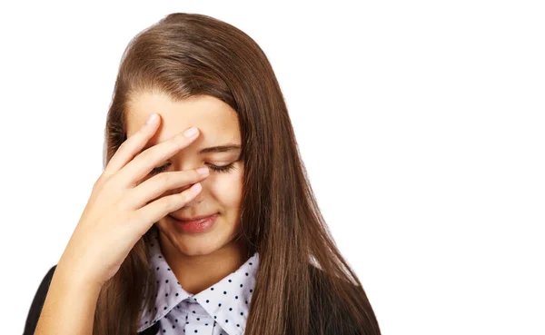 Teen Brunette Girl Looks Covering Her Face Her Hand White — Stock Photo, Image