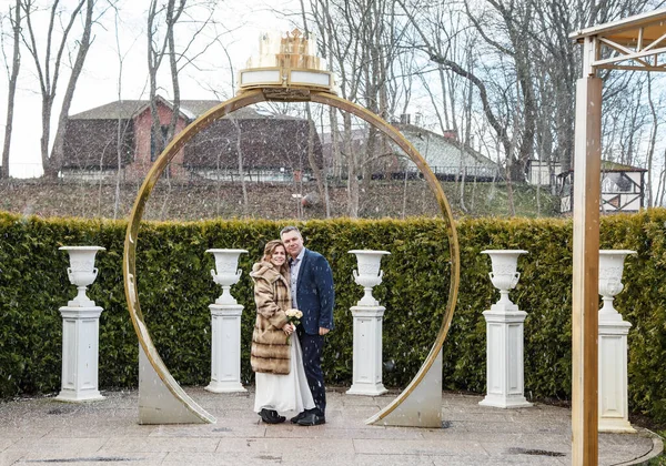 Pareja Recién Casada Paseo Por Parque Primavera Temprana Día Nevado —  Fotos de Stock