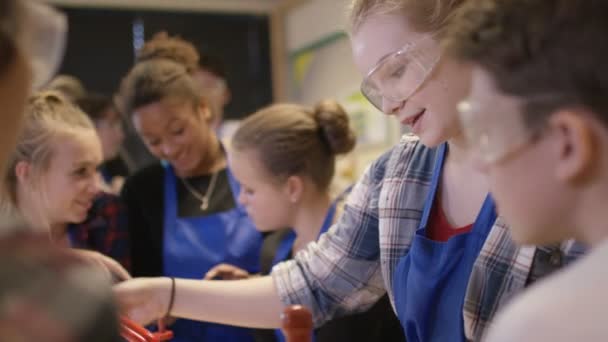 Studenten werken in de wetenschap klasse — Stockvideo