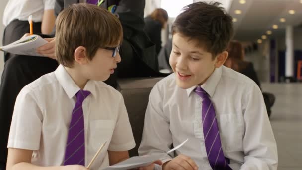 Мальчики смотрят на книгу и разговаривают — стоковое видео