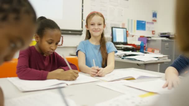Lächelndes Mädchen im Klassenzimmer — Stockvideo