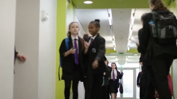 Студенты, идущие по коридору — стоковое видео