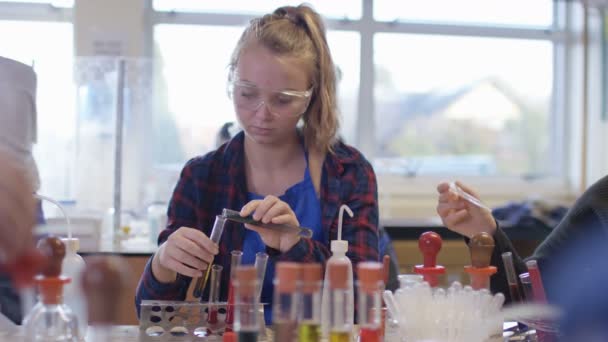 Chica trabajando en clase de ciencias — Vídeo de stock