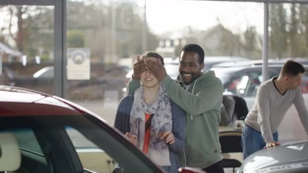 Hombre sorprende esposa mostrando nuevo coche — Vídeos de Stock