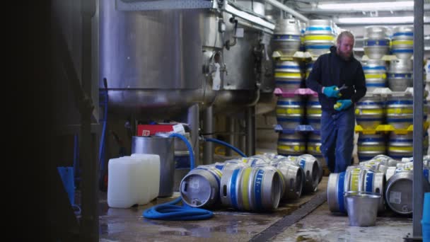 Εργαζόμενος προετοιμάζει βαρέλια μπύρας — Αρχείο Βίντεο