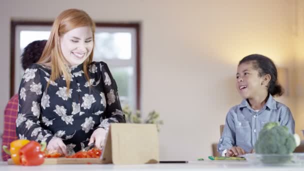 Female couple preparing a meal with son — Stockvideo