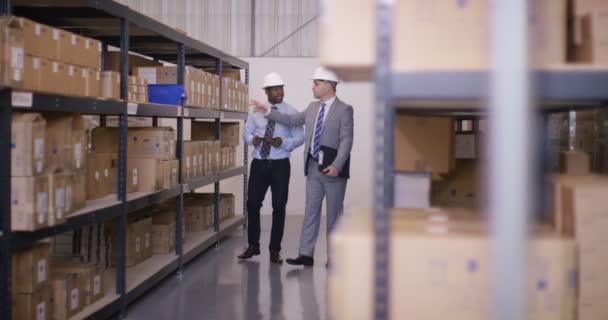 Usinessmen in discussion walk through warehouse — Stock Video