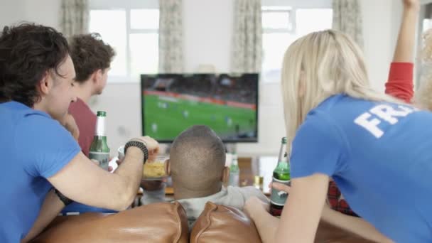 Friends watching soccer game on TV — Stockvideo