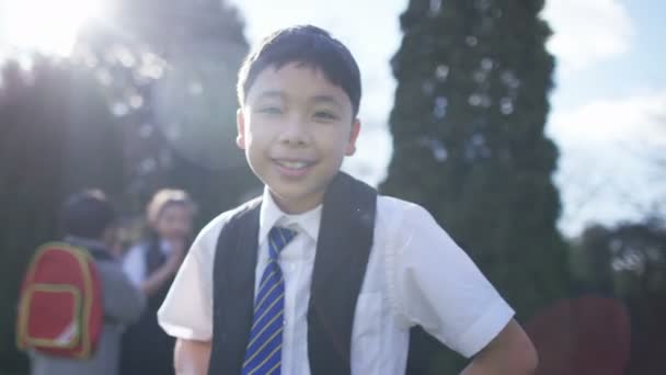 Улыбающийся мальчик с рюкзаком — стоковое видео