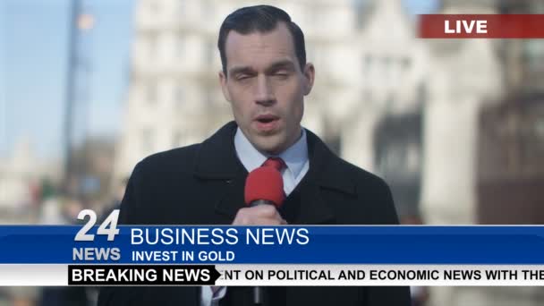 News reporter doing live piece to camera — Stock Video