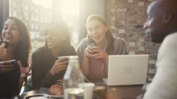 Vrienden chatten in de coffeeshop — Stockvideo