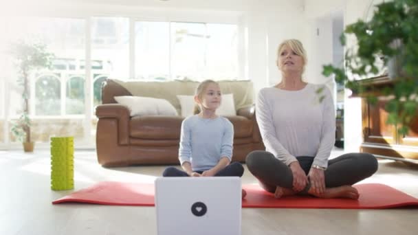 Anne ve kızı bir yoga izleyin — Stok video