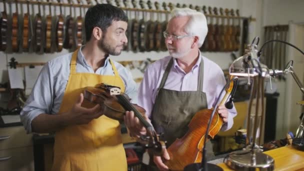 Ambachtslieden herstellen violen — Stockvideo