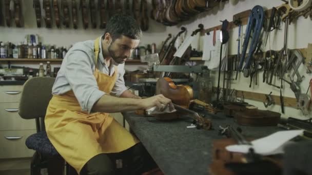 Handwerker restauriert Geigen — Stockvideo