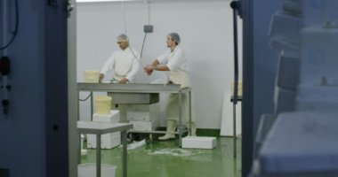 Bir deniz ürünleri işleme fabrikasında işçiler