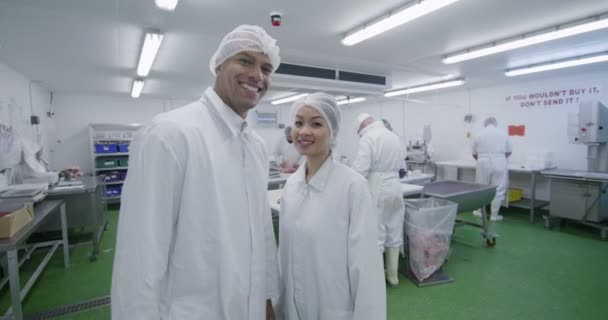 Workers in the butchery department of a food — Stock Video