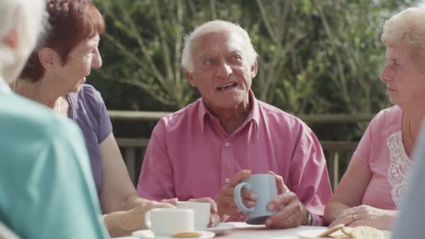 Senior friends with cups of tea — Stock Video