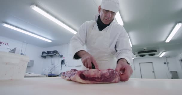 Metzger zerschneidet Fleischstück — Stockvideo