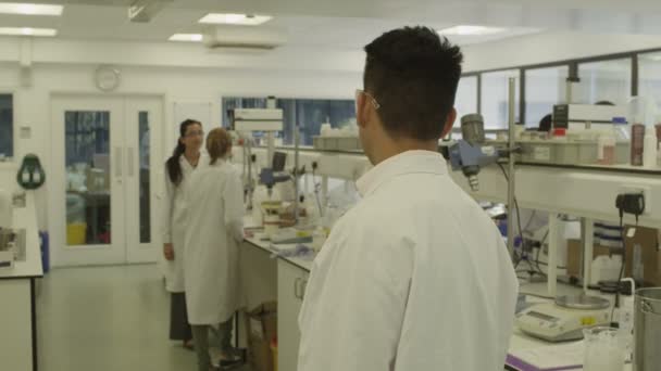 Asian scientist with science team in lab — Stock Video