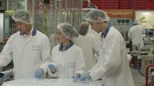 Trabajadores en una línea de producción — Vídeo de stock