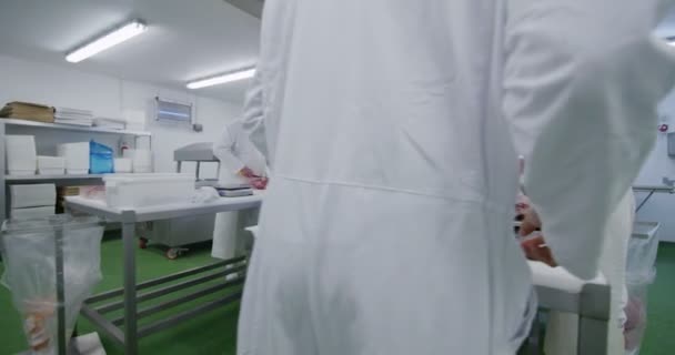 Мясники, работающие на мясокомбинате — стоковое видео