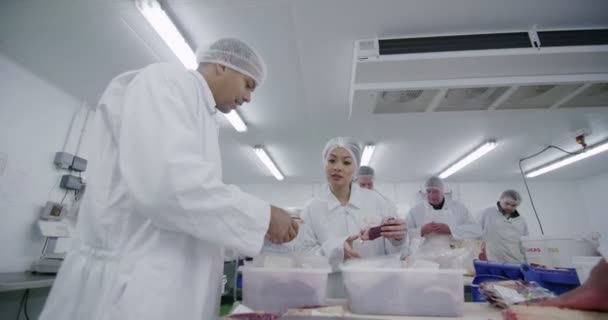 Мясник режет сустав из мяса — стоковое видео