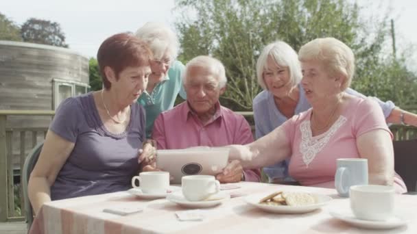 Senior vrienden lachen om iets — Stockvideo