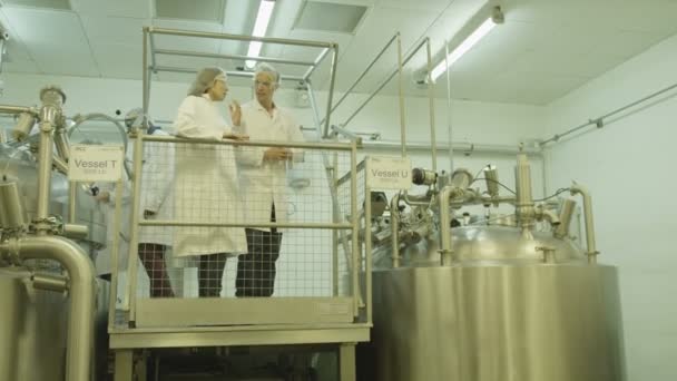 Arbeiter überprüfen Maschinen in Fabrik — Stockvideo