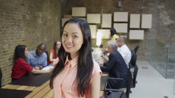 Mujer de negocios con el resto de su equipo trabajando — Vídeo de stock