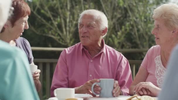 Senior friends with cups of tea — Stock Video