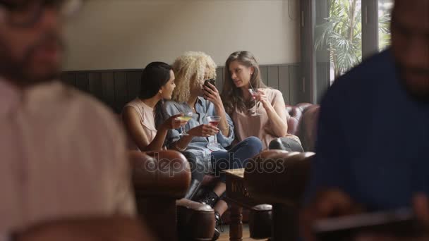 Mujeres Jóvenes Relajándose Bar Con Cócteles Tomando Selfie Con Cámara — Vídeo de stock