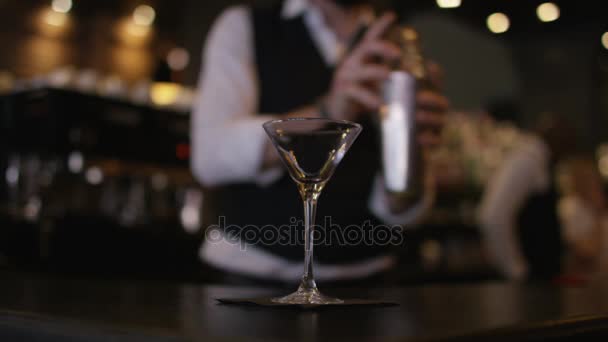 Leende Bartender Förbereder Och Serverar Färsk Cocktail — Stockvideo