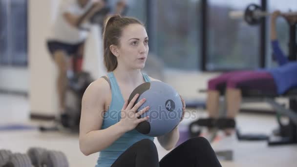 Portrait Attractive Smiling Woman Working Out Medicine Ball Gym — Stock Video