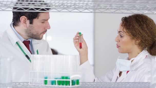 Cientistas Pesquisa Casacos Brancos Trabalhando Juntos Laboratório — Vídeo de Stock