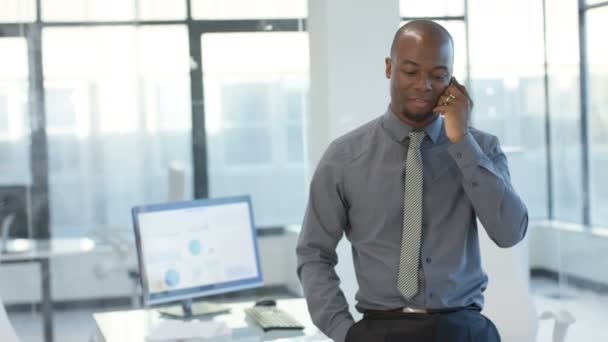 Retrato Del Exitoso Hombre Negocios Hablando Por Teléfono Junto Escritorio — Vídeos de Stock