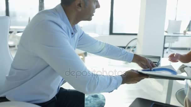 Business Man Woman Meeting Looking Printed Graphs Discussing — Stock Video