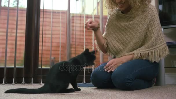 Mujer Joven Jugando Con Lindo Gatito Negro Casa — Vídeos de Stock