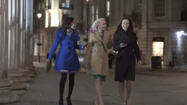 Glückliche Freundinnen Posieren Nachts Für Ein Selfie Der Stadt — Stockvideo