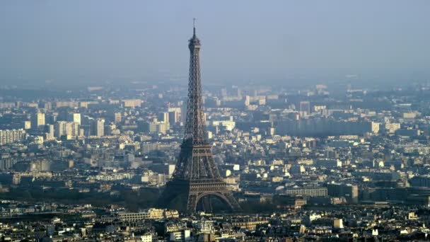 Panorama Flygfoto Eiffeltornet Och Byggnader Och Skyskrapor Paris — Stockvideo