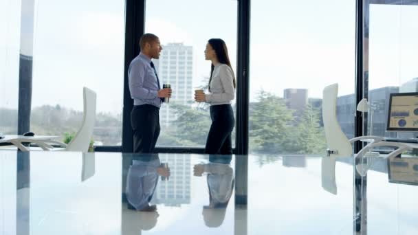 Business Man Woman Coffee Chatting Front Large Office Window — Stock Video