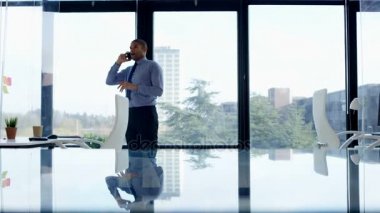 4 k Annoyed işadamı telefon ofisinde pencerenin önünde konuşurken