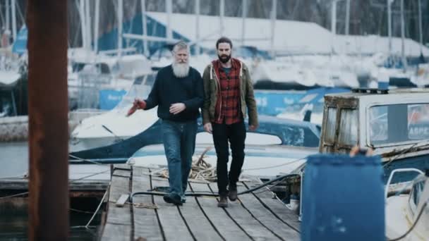 Father Son Mooring Boat Walking Together Jetty — Stock Video