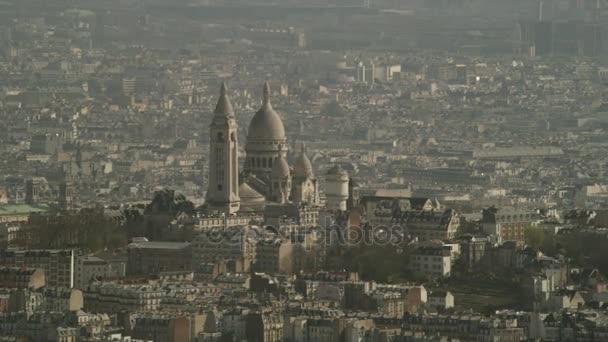 Panorama Flygfoto Över Centrala Paris Med Fokus Sacre Couer Basilica — Stockvideo