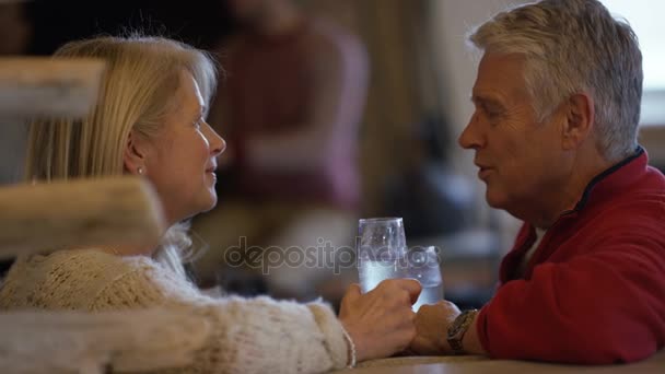 Close Romantic Mature Couple Chatting Open Fire Burning Background — Stock Video