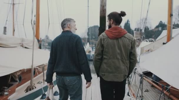 Vue Derrière Père Fils Marchant Long Jetée Dans Une Marina — Video