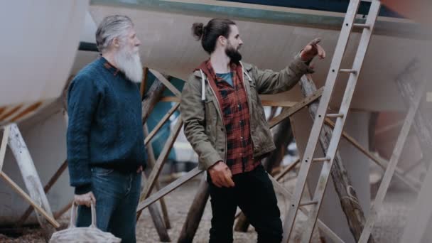 Boatyard Carpenters Checking Boats Which Have Been Renovated Newly Built — Stock Video