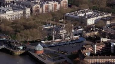 4 k hava manzara tarihi clipper yukarıda gemi Cutty Sark eski Royal Naval College Greenwich, Londra.