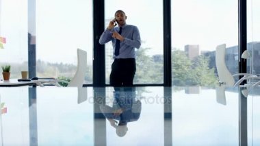 4 k Annoyed işadamı telefon ofisinde pencerenin önünde konuşurken