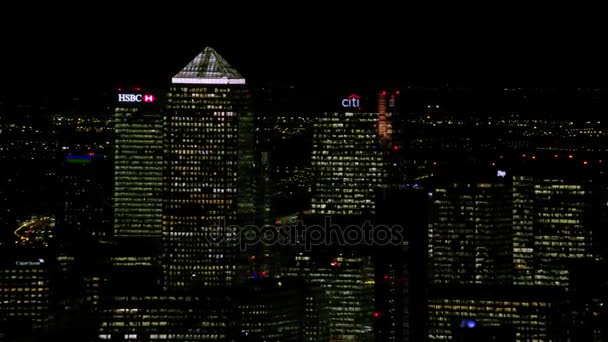 London February 2017 Aerial View Canary Wharf Night Featuring Distinctive — Stock Video
